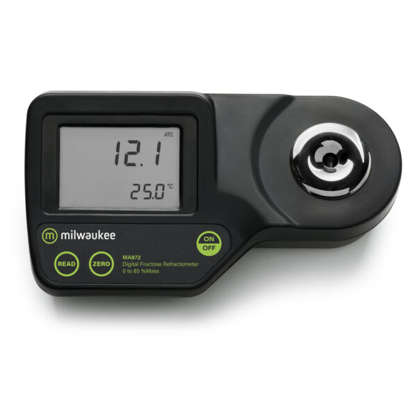 Refractómetro Milwaukee MA872 para medición precisa de líquidos y calidad de agua con pantalla LCD.