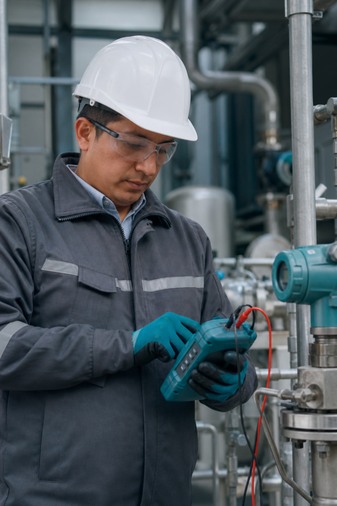 Ingeniero realizando mediciones en una planta industrial